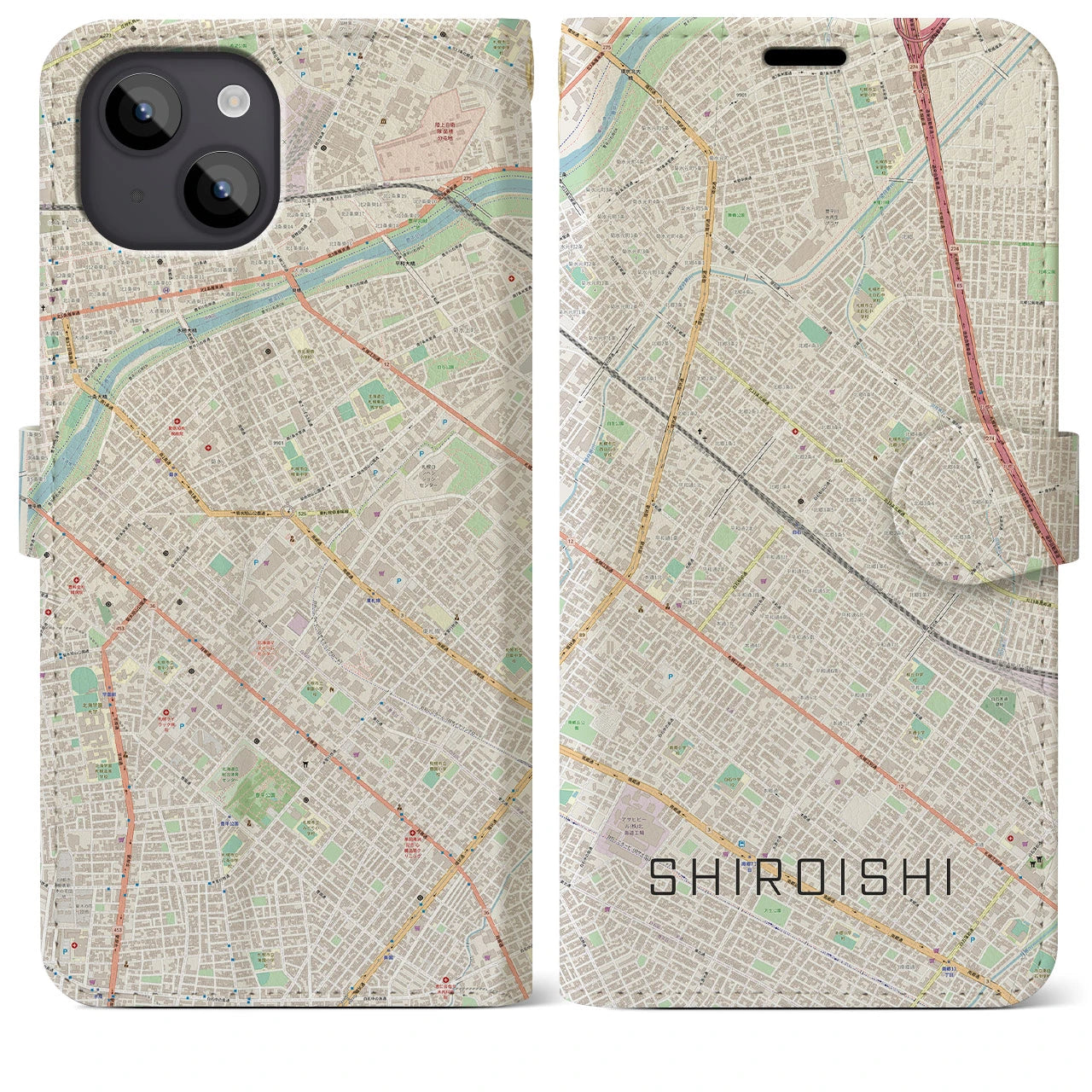 【白石(北海道)】地図柄iPhoneケース(手帳タイプ)ナチュラル・iPhone 14 Plus 用