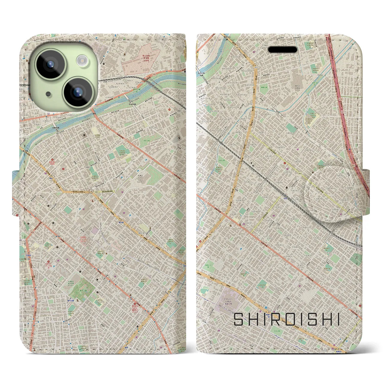 【白石(北海道)】地図柄iPhoneケース(手帳タイプ)ナチュラル・iPhone 15 用