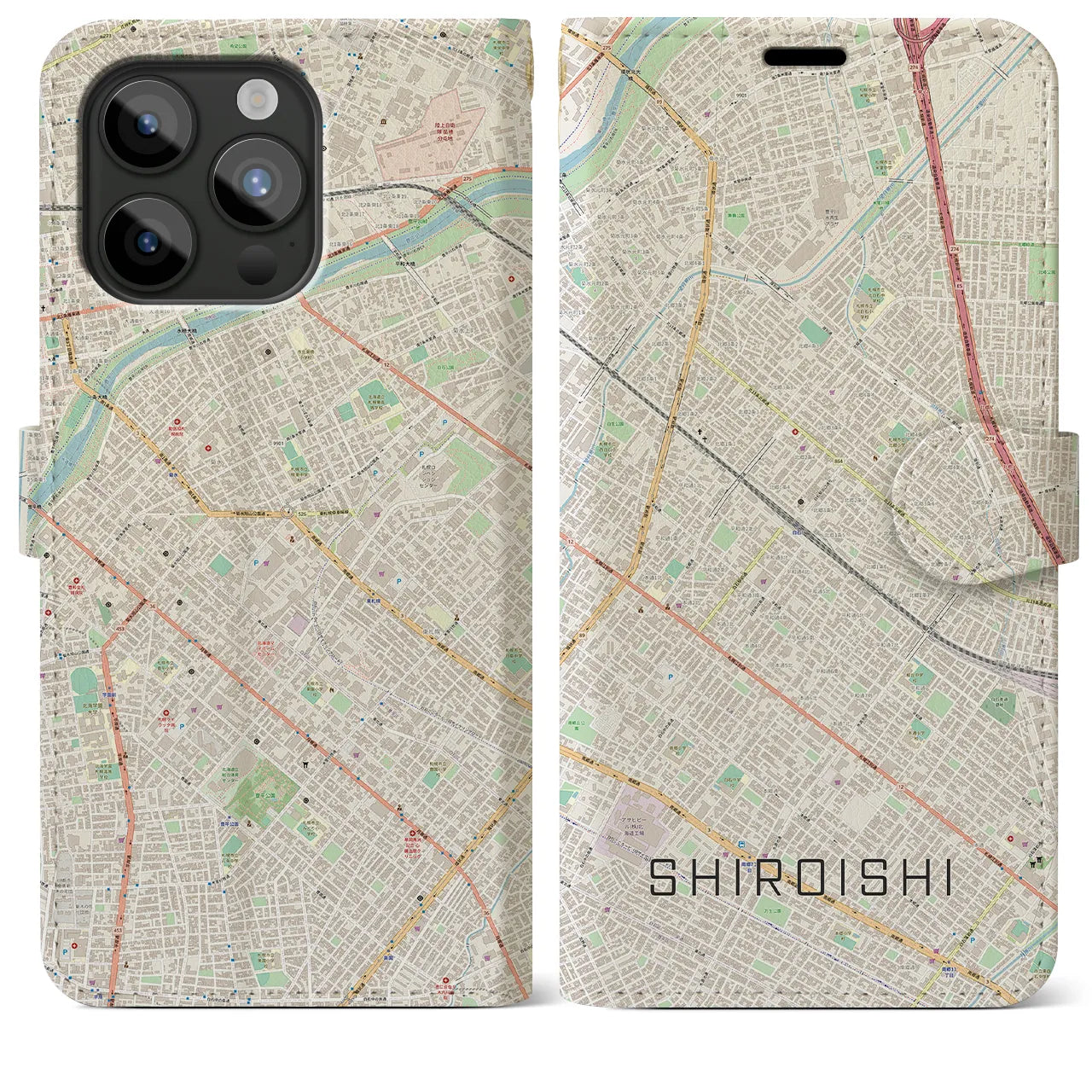 【白石(北海道)】地図柄iPhoneケース(手帳タイプ)ナチュラル・iPhone 15 Pro Max 用