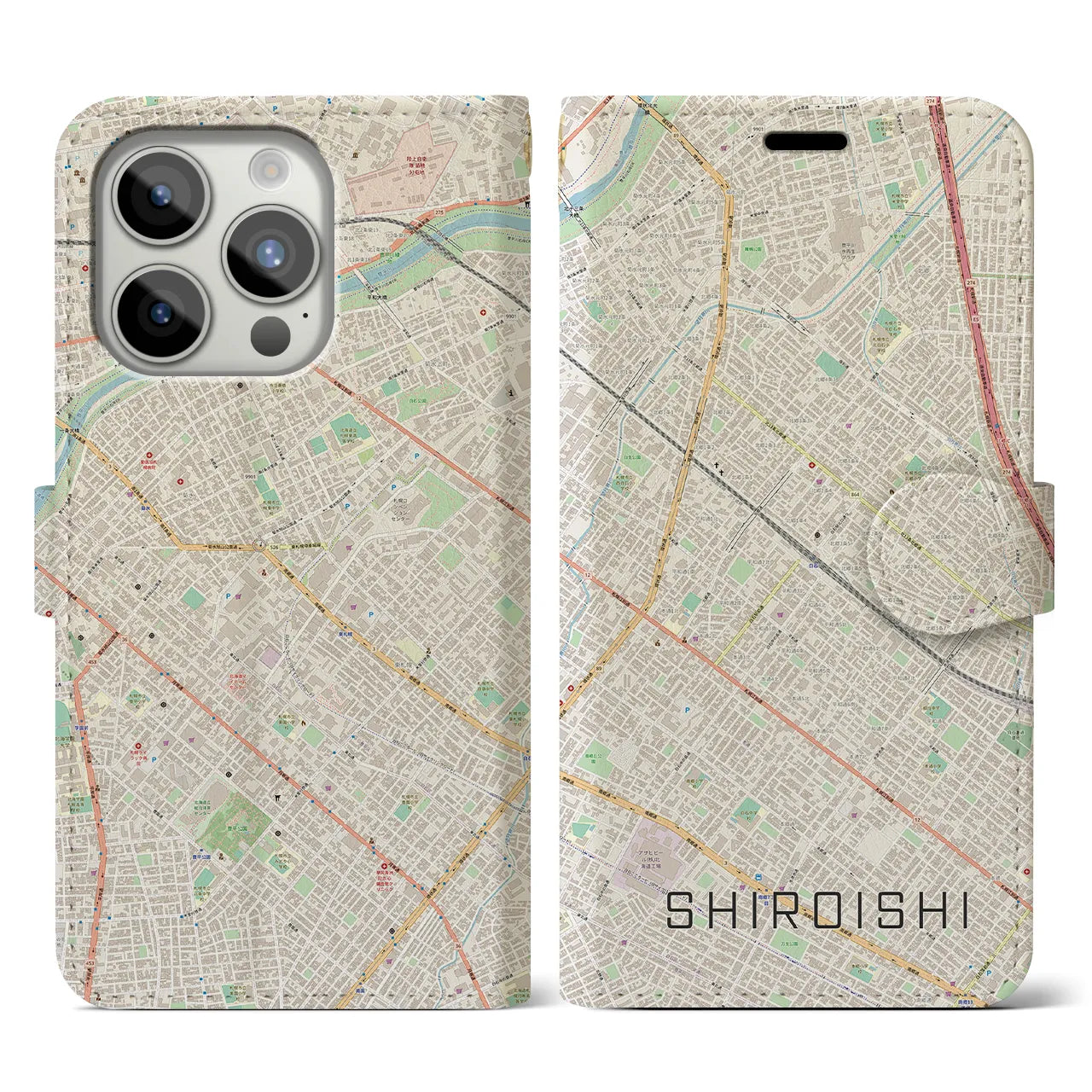 【白石(北海道)】地図柄iPhoneケース(手帳タイプ)ナチュラル・iPhone 15 Pro 用