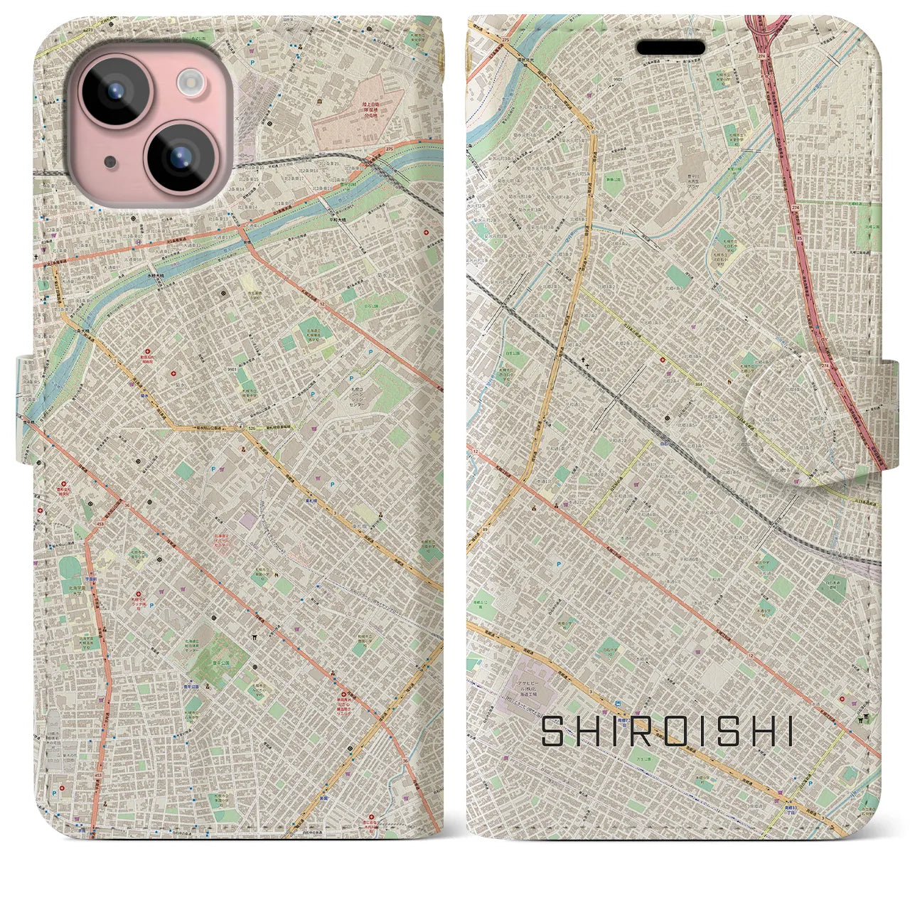 【白石(北海道)】地図柄iPhoneケース(手帳タイプ)ナチュラル・iPhone 15 Plus 用