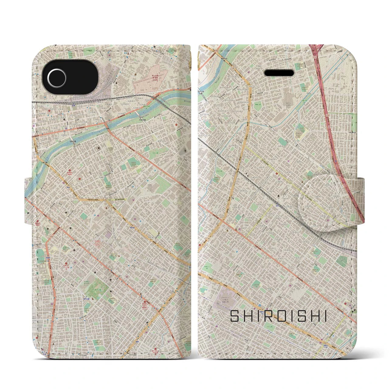 【白石(北海道)】地図柄iPhoneケース(手帳タイプ)ナチュラル・iPhone SE(第3 / 第2世代) / 8 / 7 / 6s / 6 用