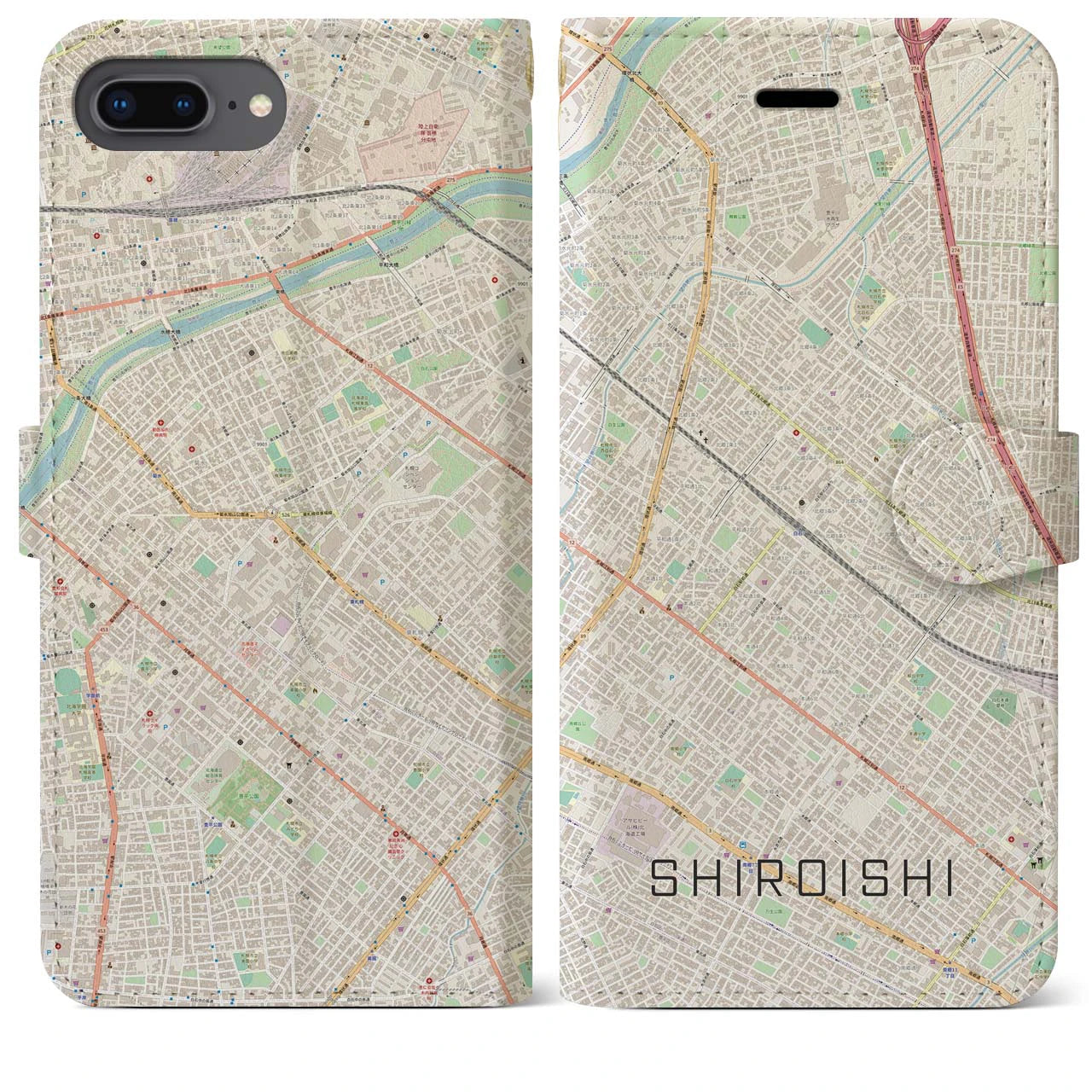 【白石(北海道)】地図柄iPhoneケース(手帳タイプ)ナチュラル・iPhone 8Plus /7Plus / 6sPlus / 6Plus 用