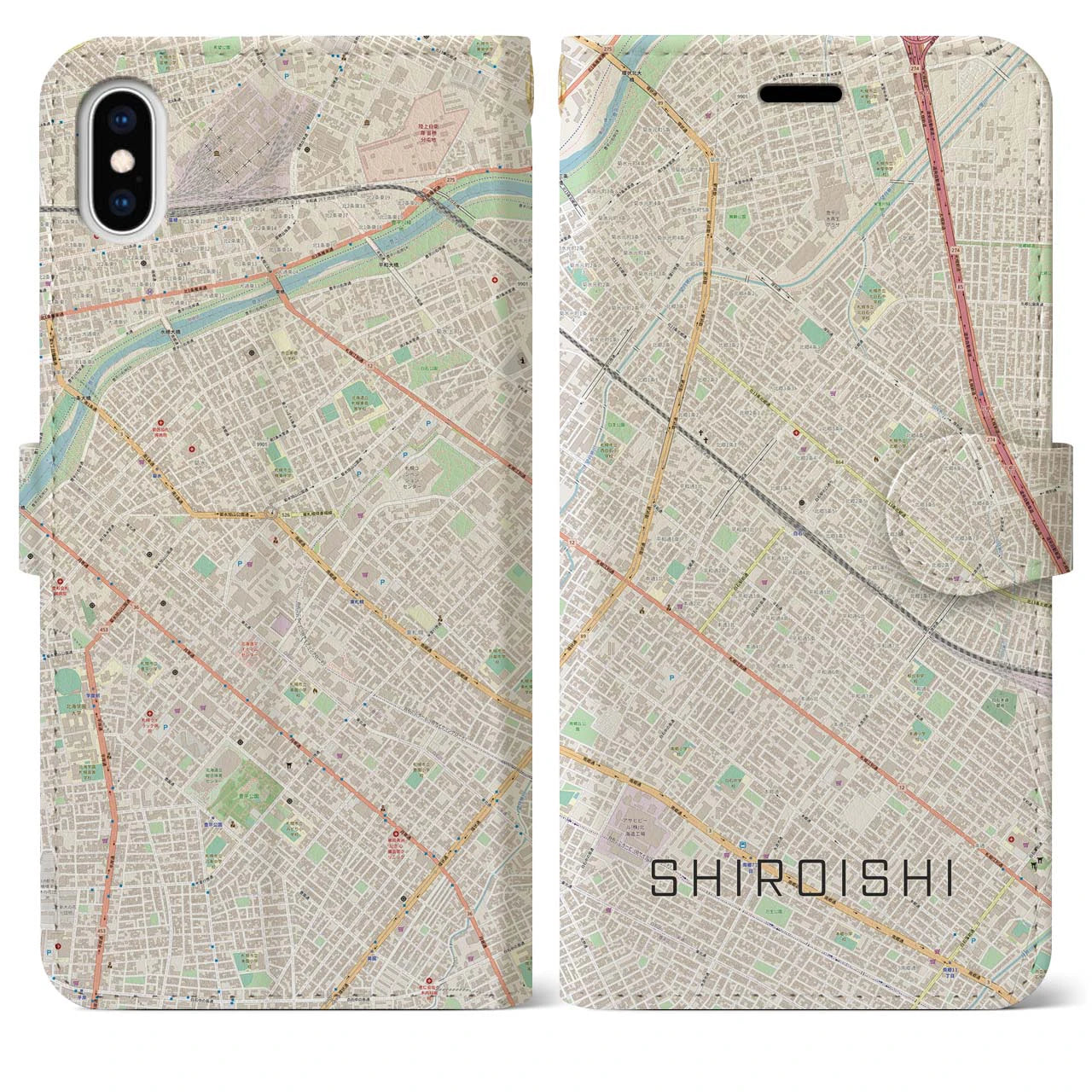 【白石(北海道)】地図柄iPhoneケース(手帳タイプ)ナチュラル・iPhone XS Max 用