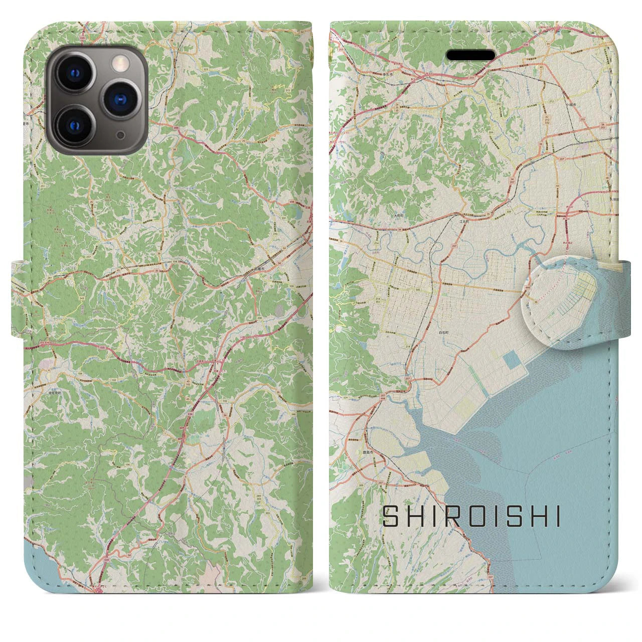 【白石(佐賀県)】地図柄iPhoneケース(手帳タイプ)ナチュラル・iPhone 11 Pro Max 用