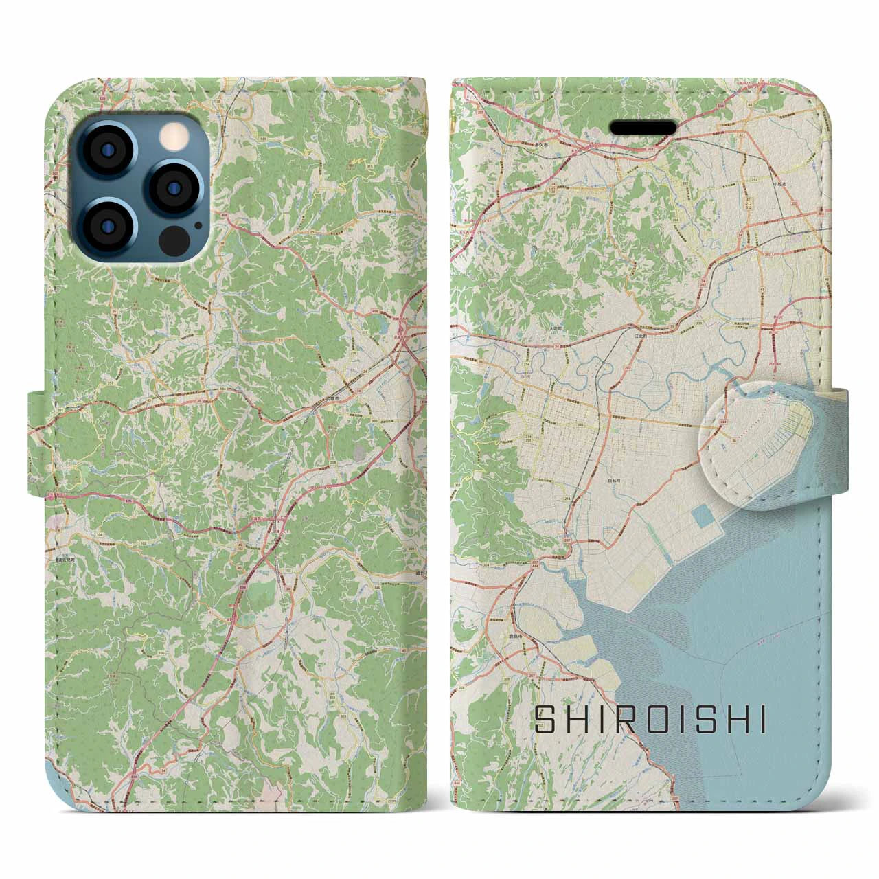 【白石(佐賀県)】地図柄iPhoneケース(手帳タイプ)ナチュラル・iPhone 12 / 12 Pro 用