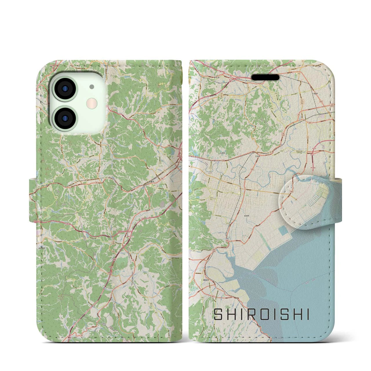 【白石(佐賀県)】地図柄iPhoneケース(手帳タイプ)ナチュラル・iPhone 12 mini 用