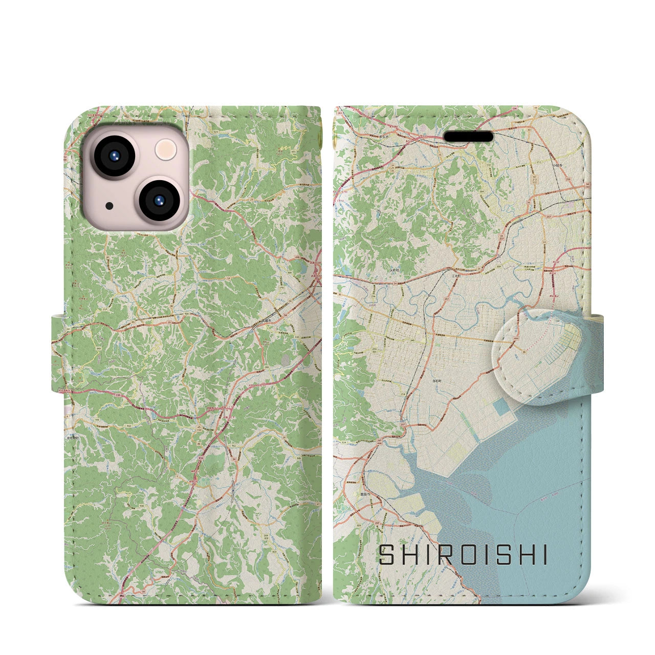 【白石(佐賀県)】地図柄iPhoneケース(手帳タイプ)ナチュラル・iPhone 13 mini 用