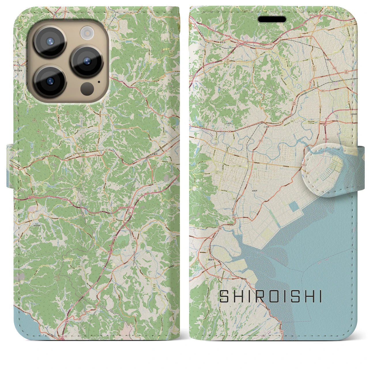 【白石(佐賀県)】地図柄iPhoneケース(手帳タイプ)ナチュラル・iPhone 14 Pro Max 用