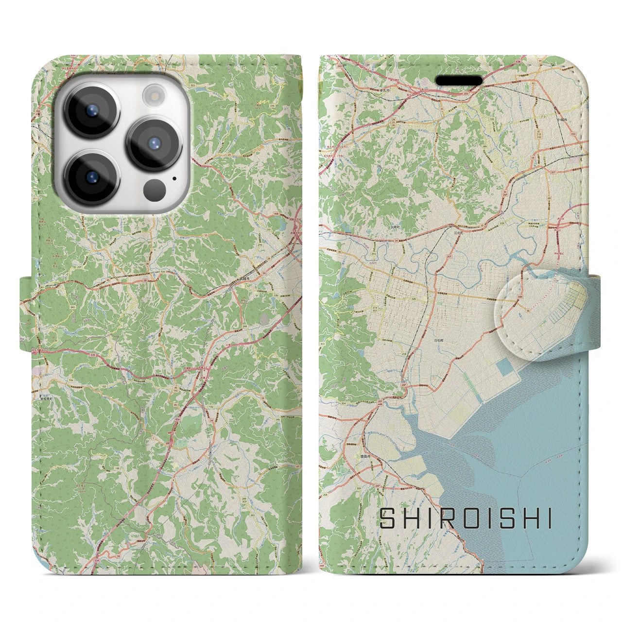 【白石(佐賀県)】地図柄iPhoneケース(手帳タイプ)ナチュラル・iPhone 14 Pro 用
