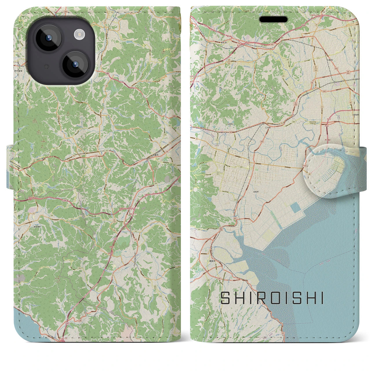 【白石(佐賀県)】地図柄iPhoneケース(手帳タイプ)ナチュラル・iPhone 14 Plus 用