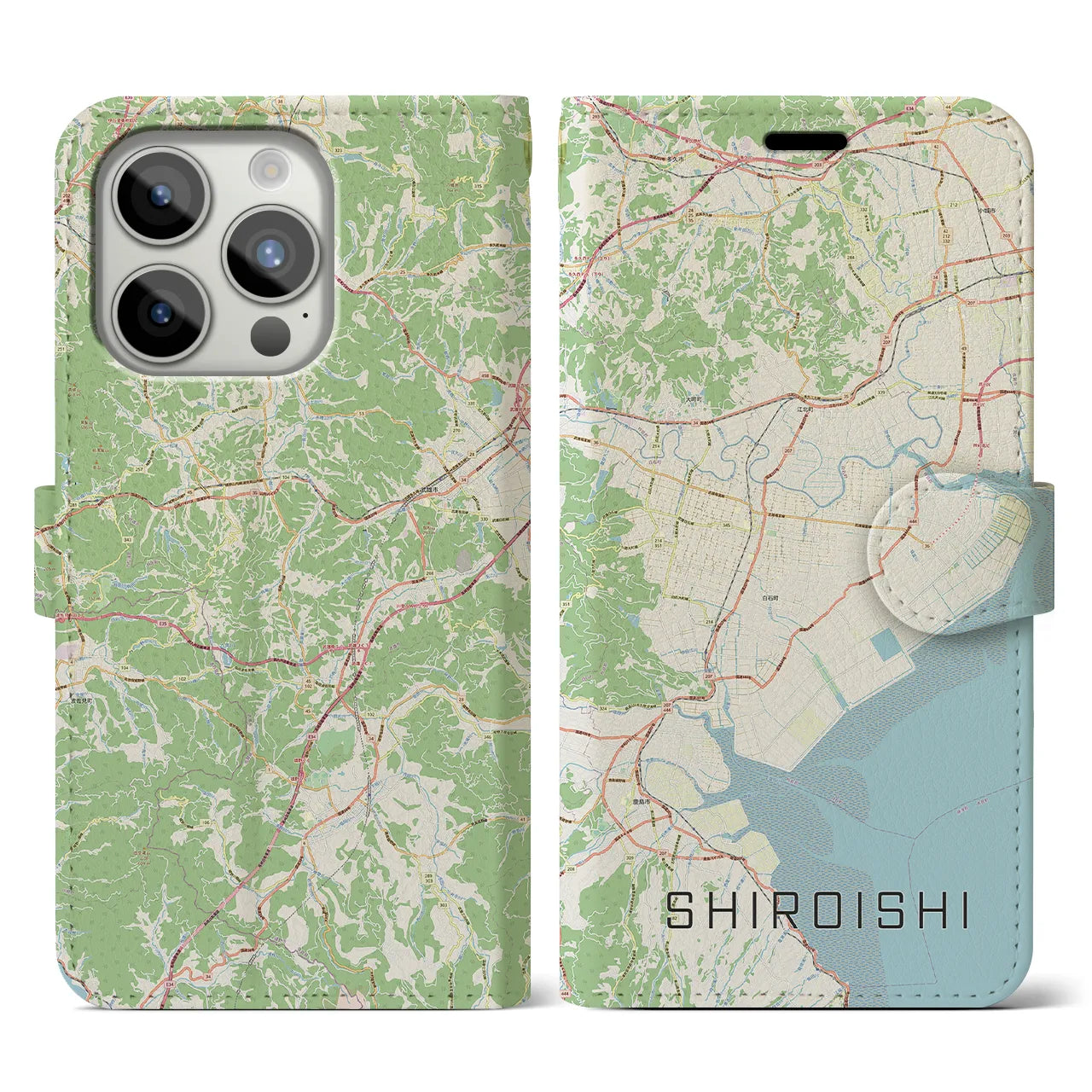 【白石(佐賀県)】地図柄iPhoneケース(手帳タイプ)ナチュラル・iPhone 15 Pro 用