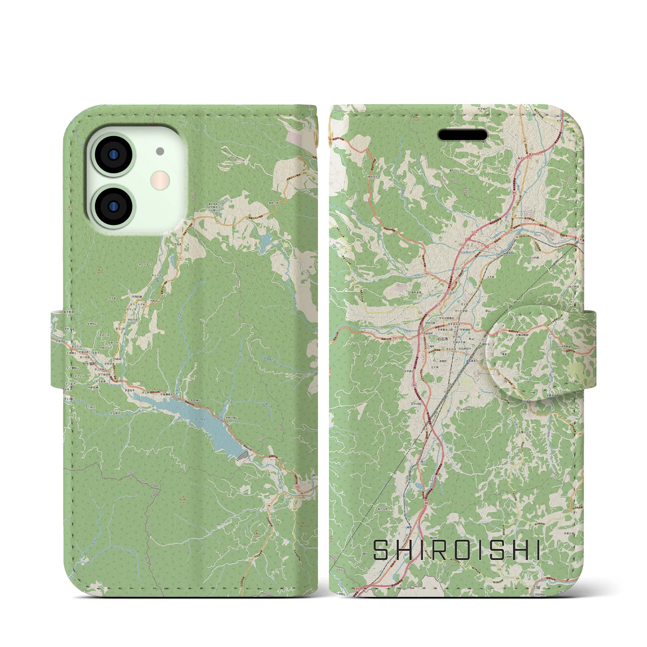 【白石(宮城県)】地図柄iPhoneケース(手帳タイプ)ナチュラル・iPhone 12 mini 用