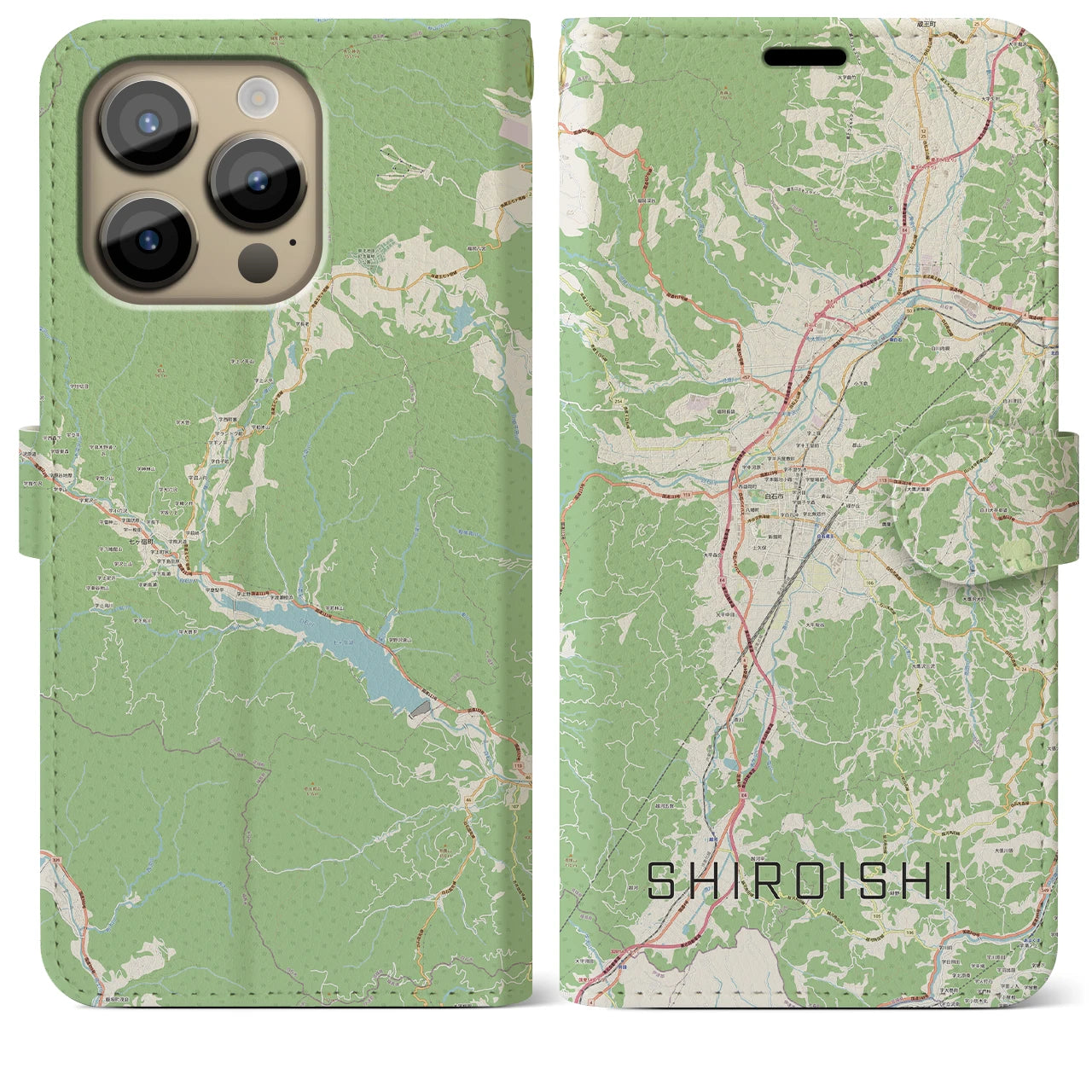 【白石(宮城県)】地図柄iPhoneケース(手帳タイプ)ナチュラル・iPhone 14 Pro Max 用