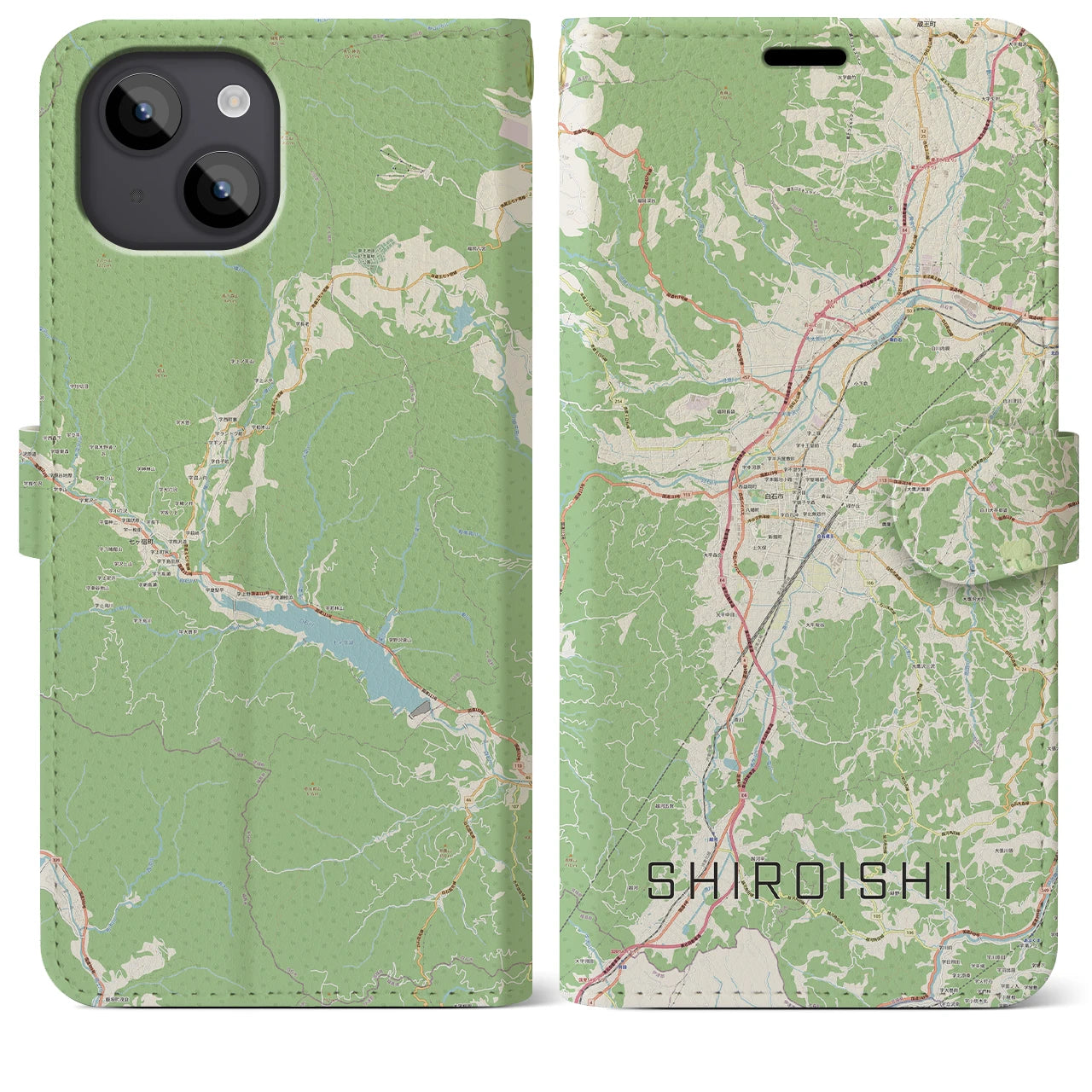 【白石(宮城県)】地図柄iPhoneケース(手帳タイプ)ナチュラル・iPhone 14 Plus 用