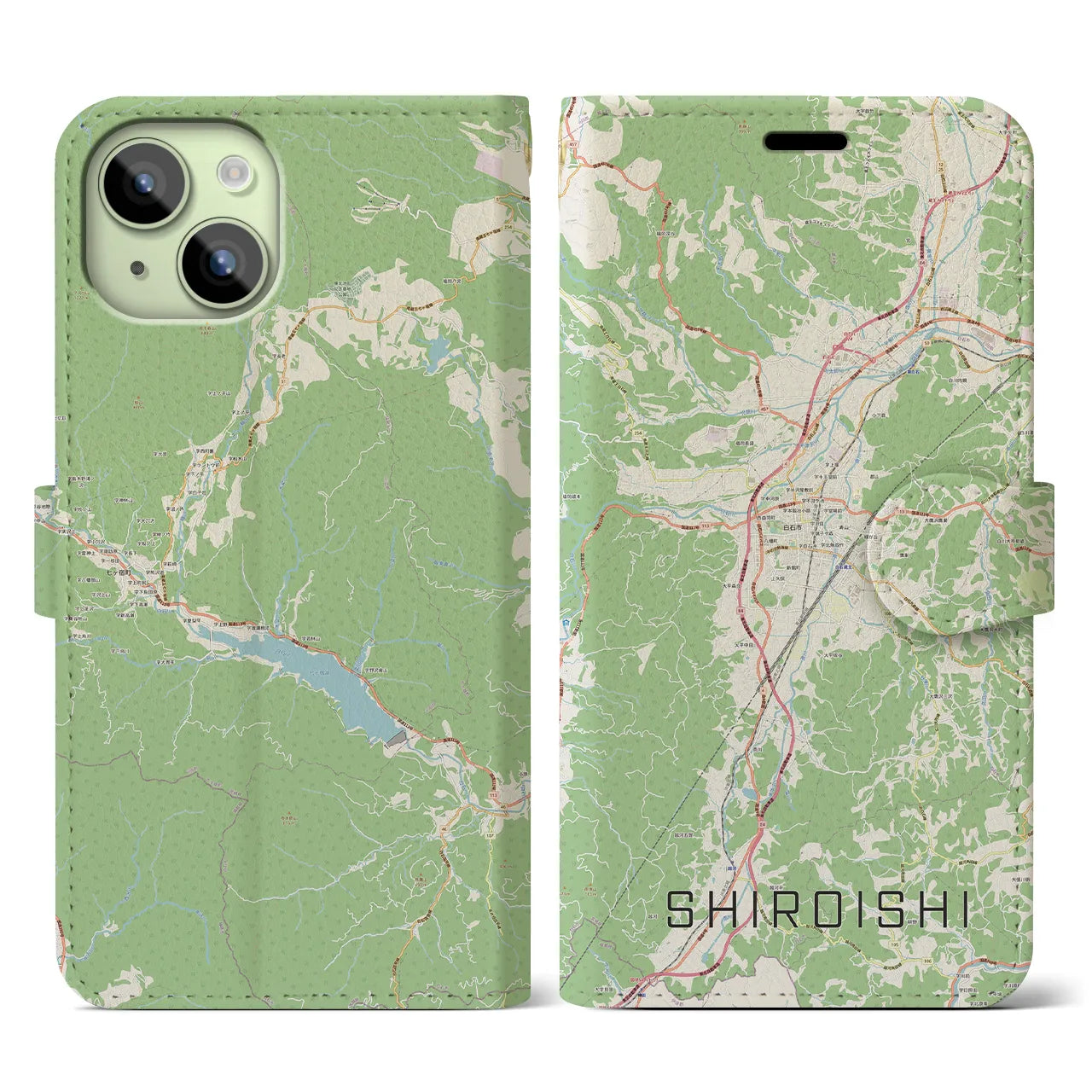 【白石(宮城県)】地図柄iPhoneケース(手帳タイプ)ナチュラル・iPhone 15 用