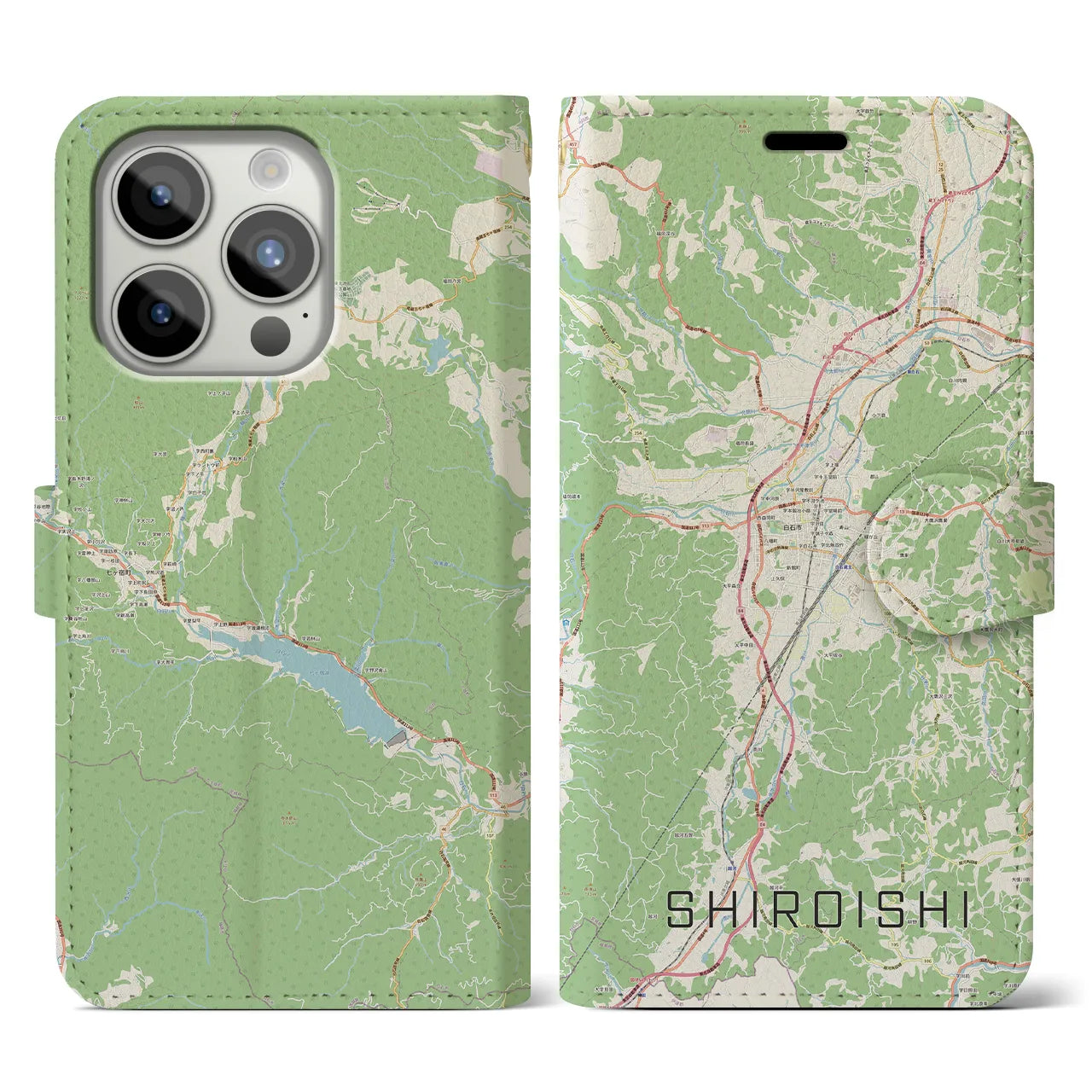 【白石(宮城県)】地図柄iPhoneケース(手帳タイプ)ナチュラル・iPhone 15 Pro 用