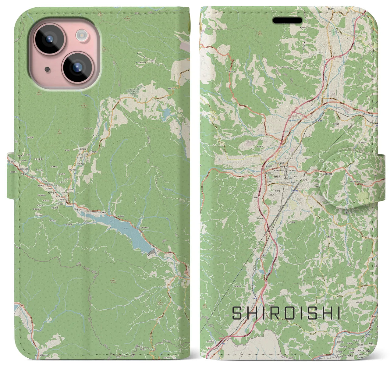 【白石(宮城県)】地図柄iPhoneケース(手帳タイプ)ナチュラル・iPhone 15 Plus 用