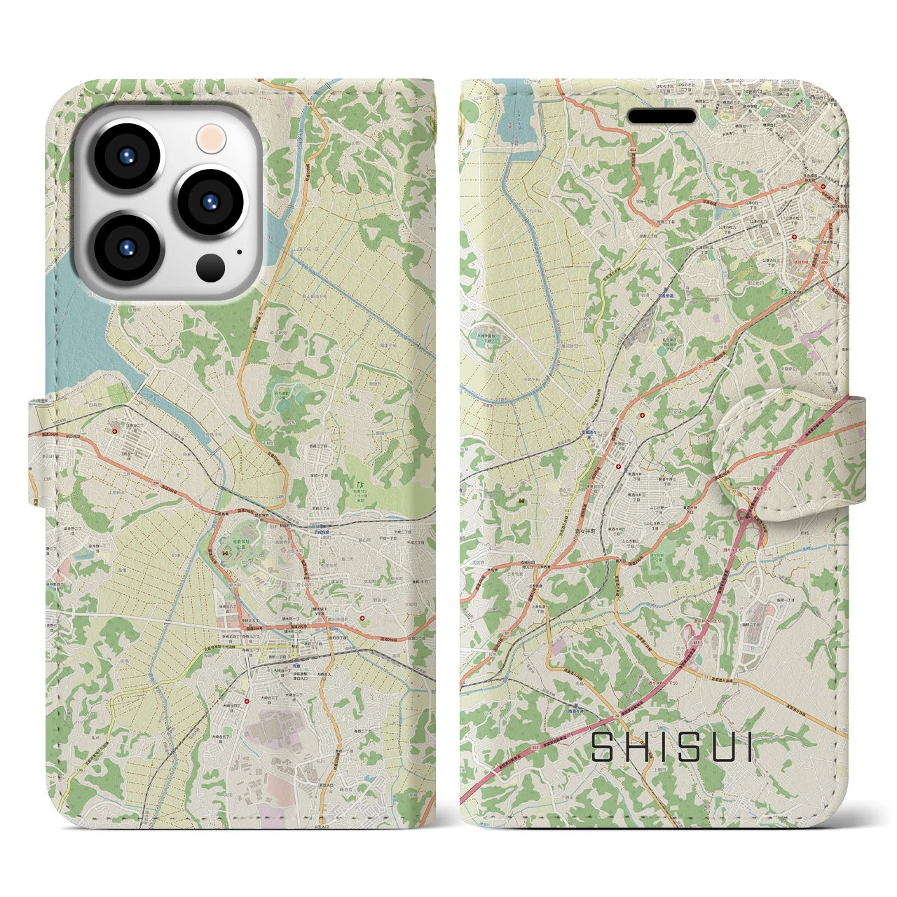 【酒々井(千葉県)】地図柄iPhoneケース(手帳タイプ)ナチュラル・iPhone 13 Pro 用