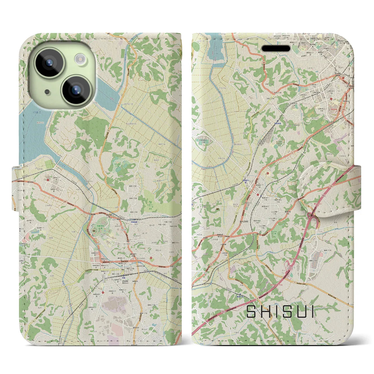 【酒々井(千葉県)】地図柄iPhoneケース(手帳タイプ)ナチュラル・iPhone 15 用