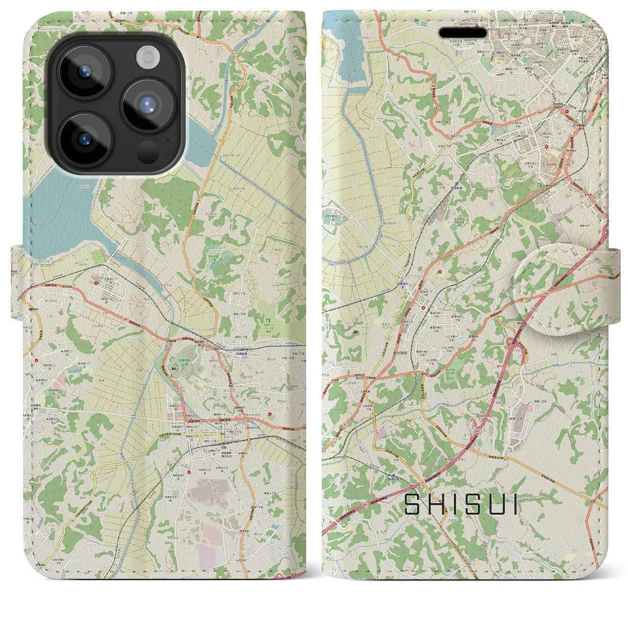 【酒々井(千葉県)】地図柄iPhoneケース(手帳タイプ)ナチュラル・iPhone 15 Pro Max 用