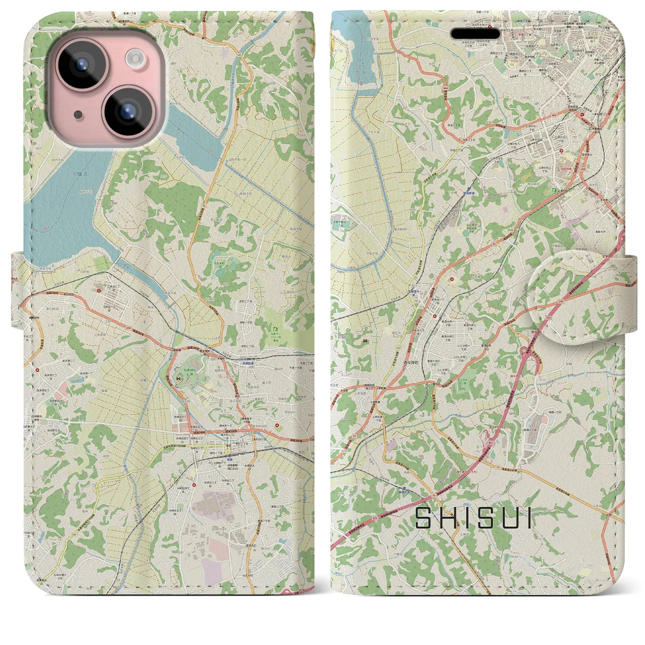【酒々井(千葉県)】地図柄iPhoneケース(手帳タイプ)ナチュラル・iPhone 15 Plus 用