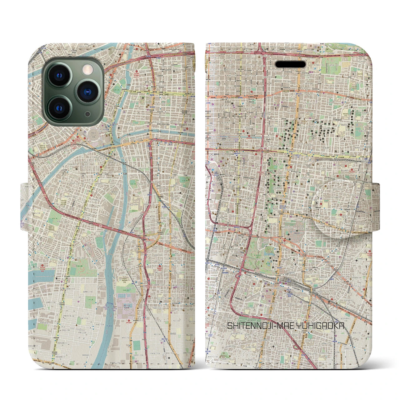 【四天王寺前夕陽ヶ丘(大阪府)】地図柄iPhoneケース(手帳タイプ)ナチュラル・iPhone 11 Pro 用