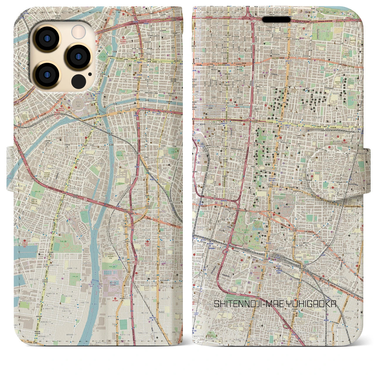 【四天王寺前夕陽ヶ丘(大阪府)】地図柄iPhoneケース(手帳タイプ)ナチュラル・iPhone 12 Pro Max 用