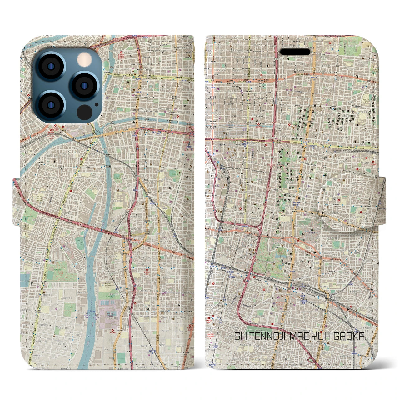 【四天王寺前夕陽ヶ丘(大阪府)】地図柄iPhoneケース(手帳タイプ)ナチュラル・iPhone 12 / 12 Pro 用