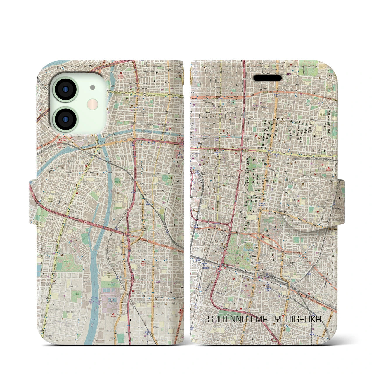【四天王寺前夕陽ヶ丘(大阪府)】地図柄iPhoneケース(手帳タイプ)ナチュラル・iPhone 12 mini 用