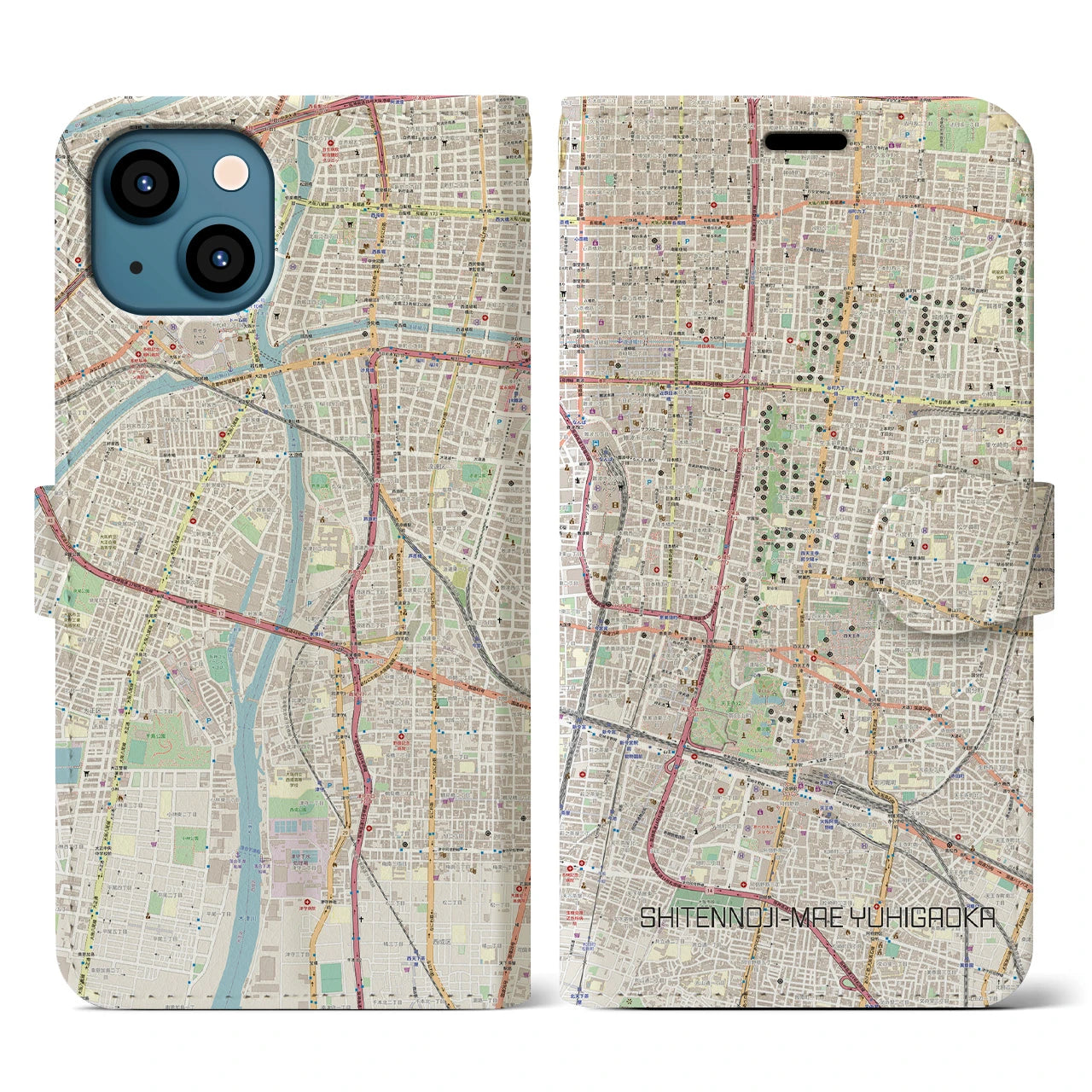【四天王寺前夕陽ヶ丘(大阪府)】地図柄iPhoneケース(手帳タイプ)ナチュラル・iPhone 13 用