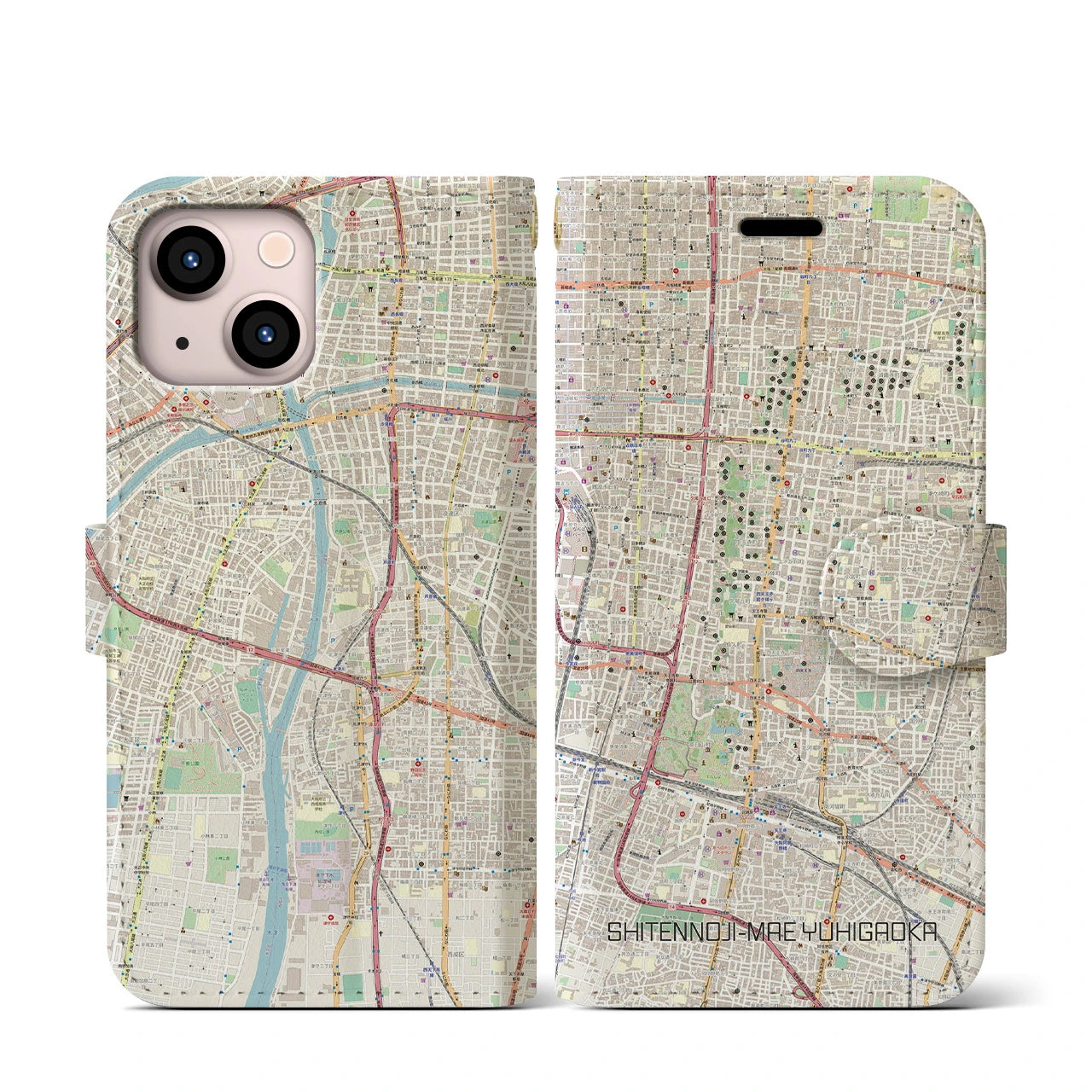 【四天王寺前夕陽ヶ丘(大阪府)】地図柄iPhoneケース(手帳タイプ)ナチュラル・iPhone 13 mini 用