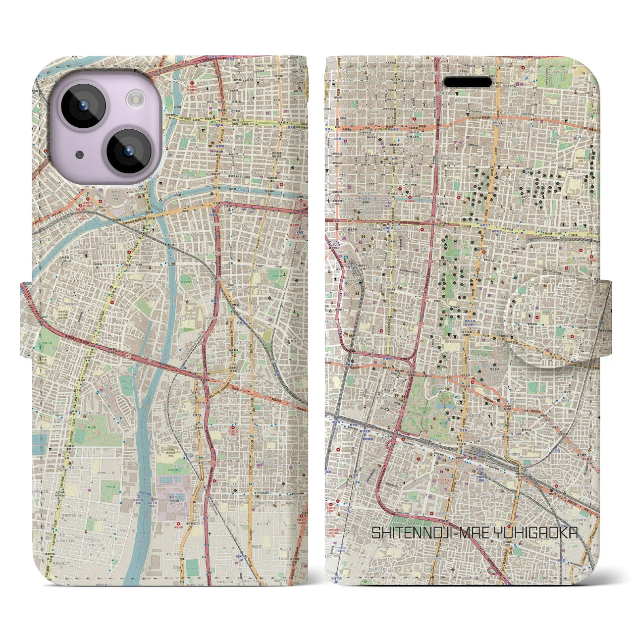 【四天王寺前夕陽ヶ丘(大阪府)】地図柄iPhoneケース(手帳タイプ)ナチュラル・iPhone 14 用