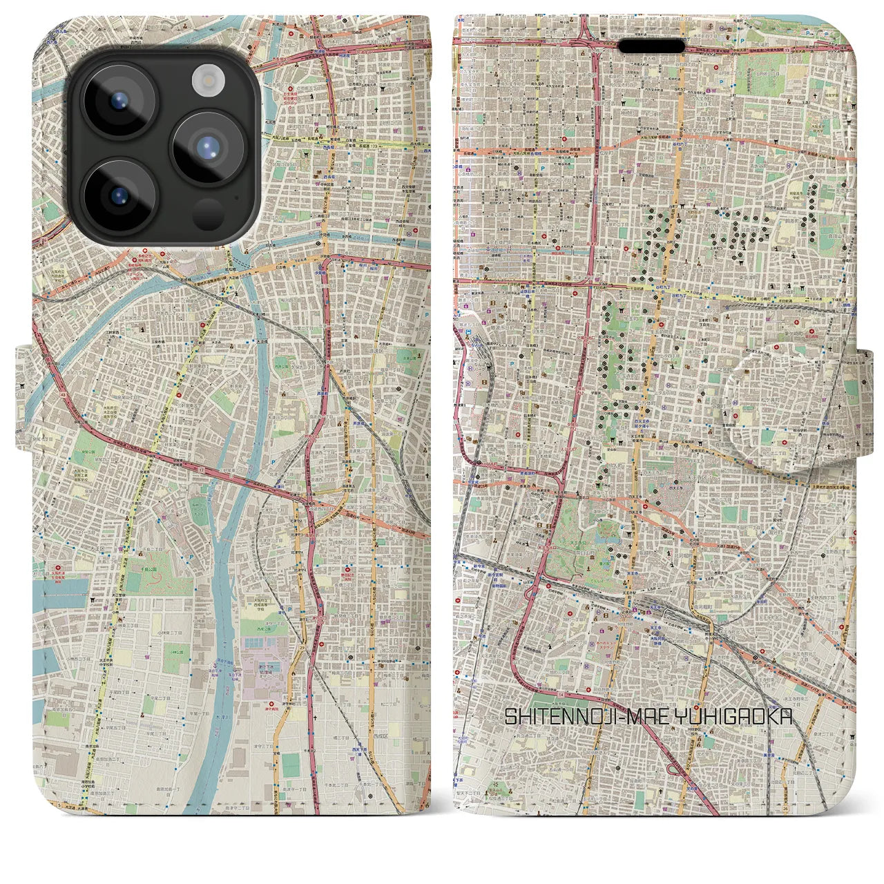 【四天王寺前夕陽ヶ丘(大阪府)】地図柄iPhoneケース(手帳タイプ)ナチュラル・iPhone 15 Pro Max 用