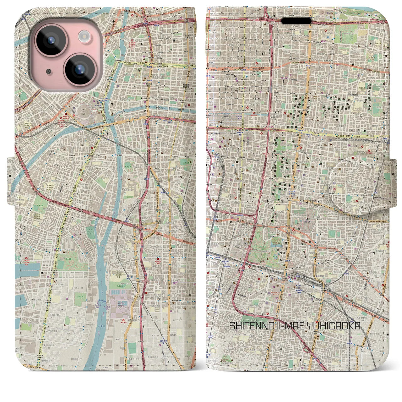 【四天王寺前夕陽ヶ丘(大阪府)】地図柄iPhoneケース(手帳タイプ)ナチュラル・iPhone 15 Plus 用