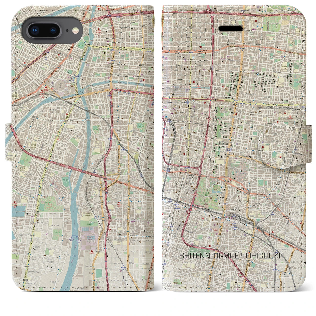 【四天王寺前夕陽ヶ丘(大阪府)】地図柄iPhoneケース(手帳タイプ)ナチュラル・iPhone 8Plus /7Plus / 6sPlus / 6Plus 用