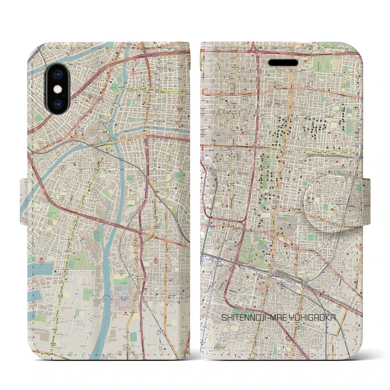 【四天王寺前夕陽ヶ丘(大阪府)】地図柄iPhoneケース(手帳タイプ)ナチュラル・iPhone XS / X 用