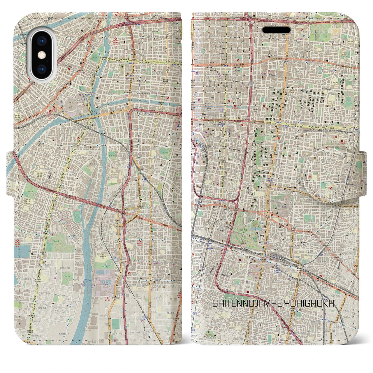【四天王寺前夕陽ヶ丘(大阪府)】地図柄iPhoneケース(手帳タイプ)ナチュラル・iPhone XS Max 用