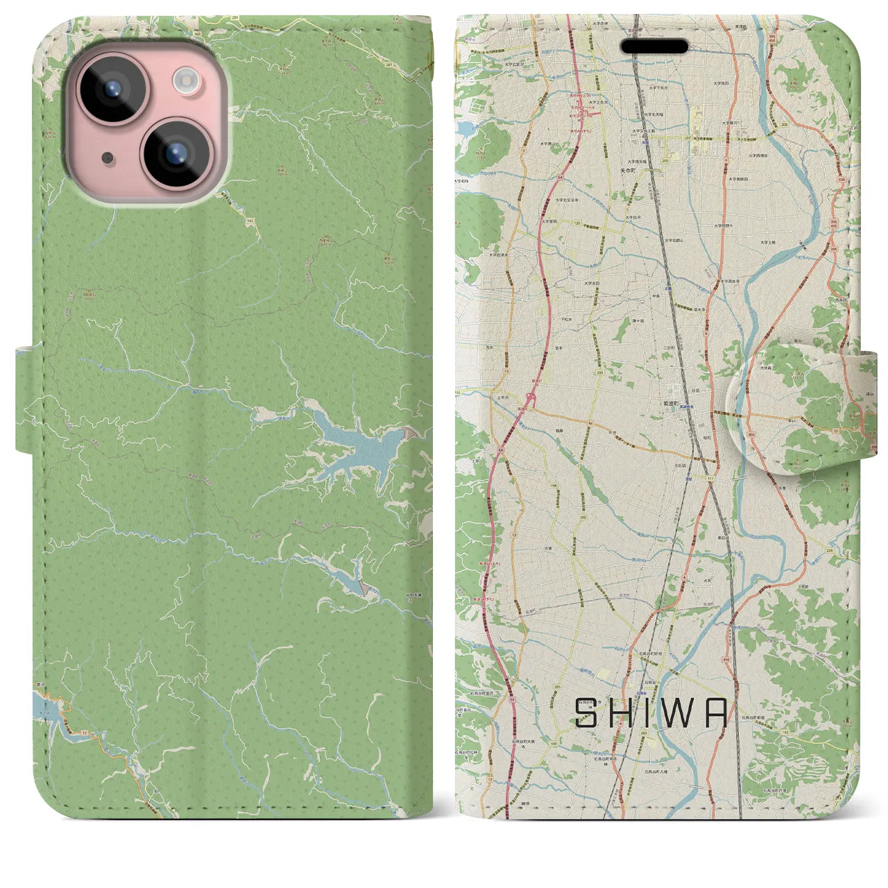 【紫波(岩手県)】地図柄iPhoneケース(手帳タイプ)ナチュラル・iPhone 15 Plus 用