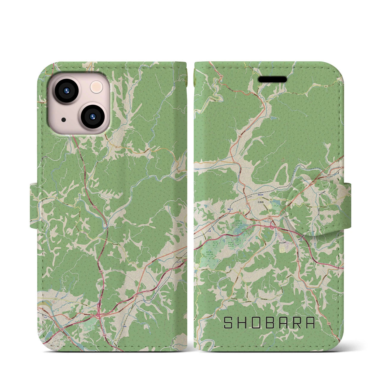 【庄原(広島県)】地図柄iPhoneケース(手帳タイプ)ナチュラル・iPhone 13 mini 用