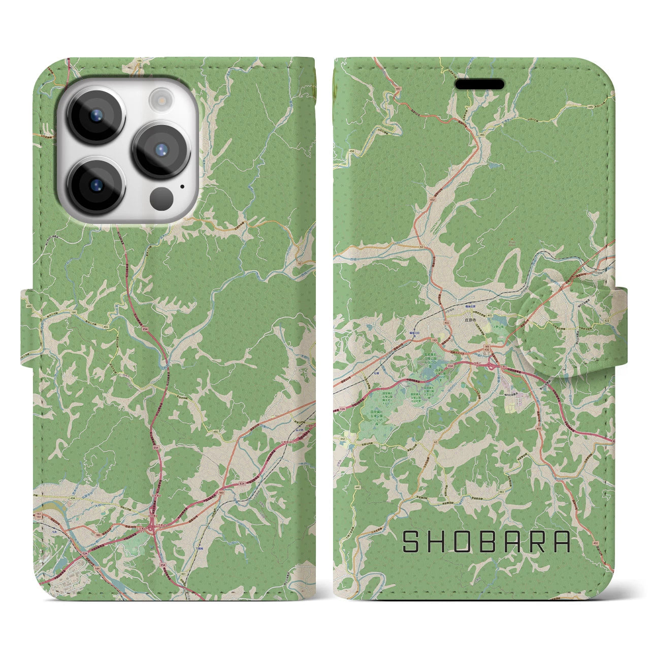 【庄原(広島県)】地図柄iPhoneケース(手帳タイプ)ナチュラル・iPhone 14 Pro 用
