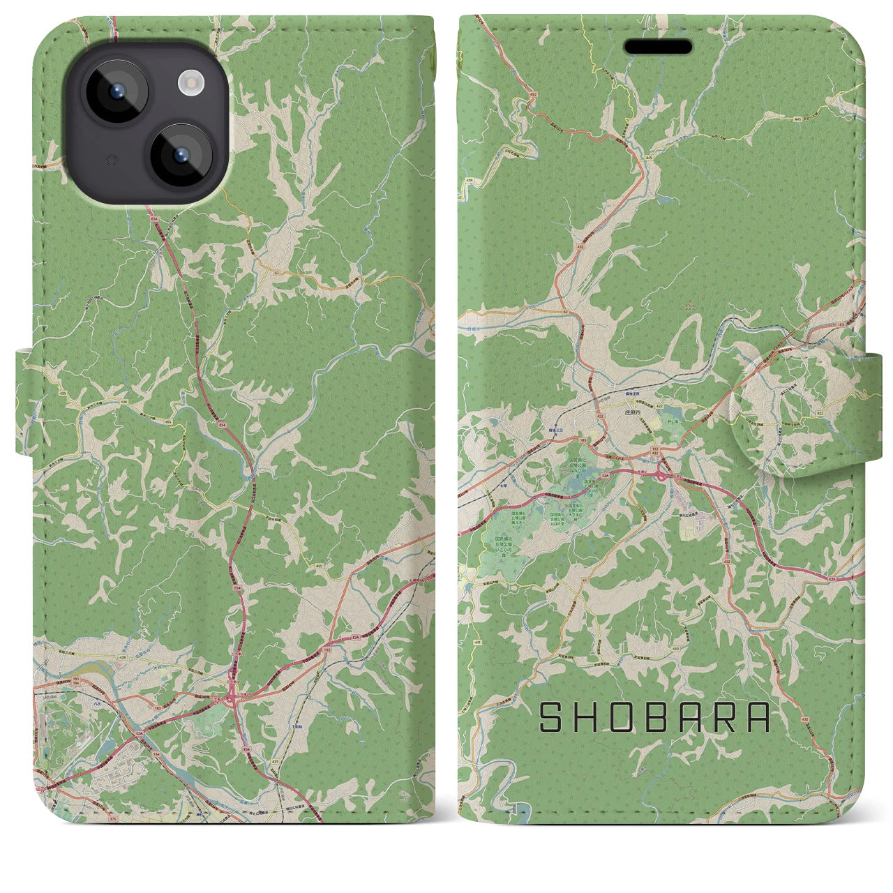 【庄原(広島県)】地図柄iPhoneケース(手帳タイプ)ナチュラル・iPhone 14 Plus 用