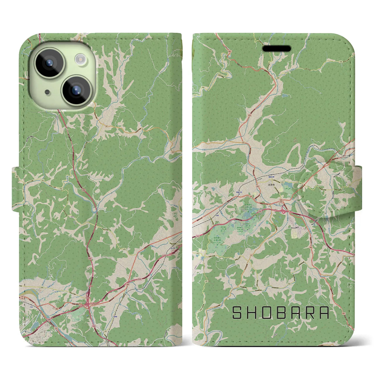 【庄原(広島県)】地図柄iPhoneケース(手帳タイプ)ナチュラル・iPhone 15 用