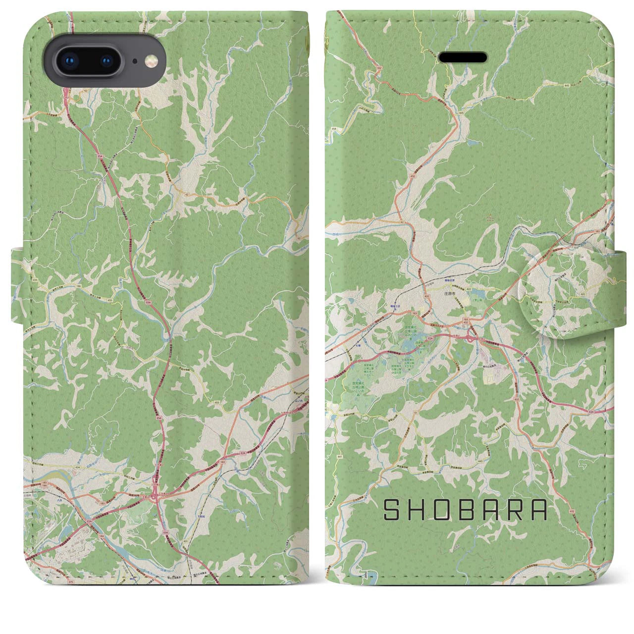 【庄原(広島県)】地図柄iPhoneケース(手帳タイプ)ナチュラル・iPhone 8Plus /7Plus / 6sPlus / 6Plus 用