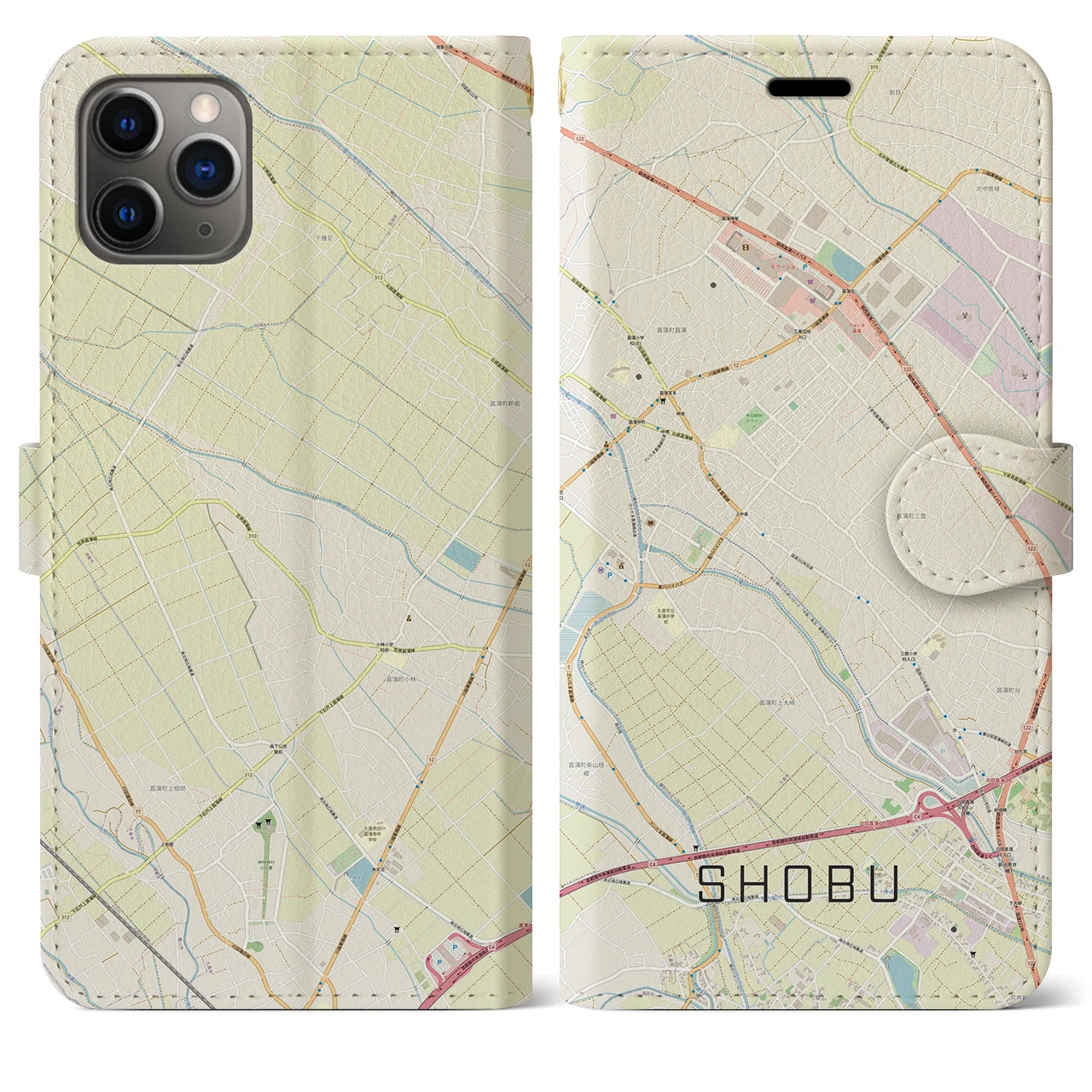 【菖蒲(埼玉県)】地図柄iPhoneケース(手帳タイプ)ナチュラル・iPhone 11 Pro Max 用