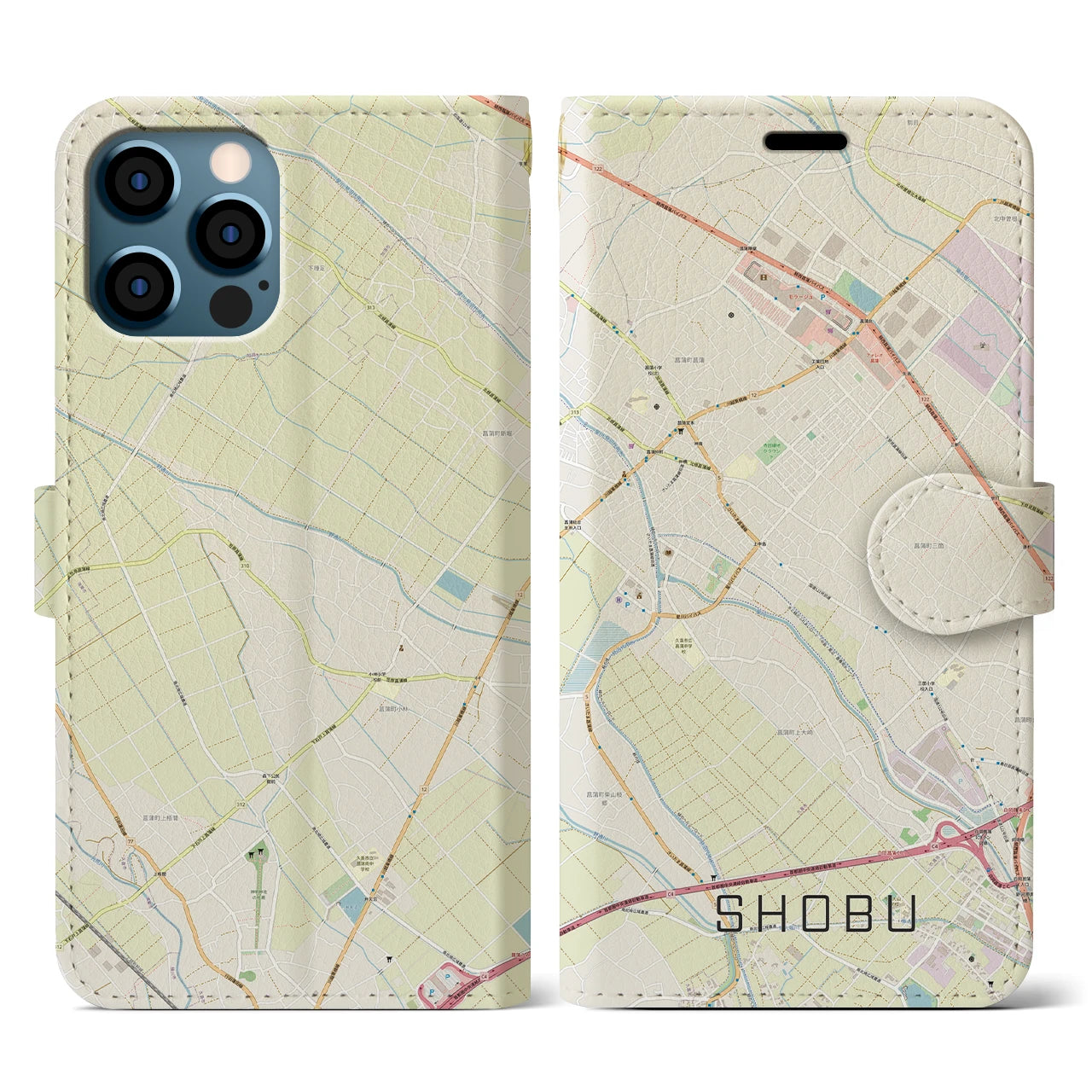 【菖蒲(埼玉県)】地図柄iPhoneケース(手帳タイプ)ナチュラル・iPhone 12 / 12 Pro 用