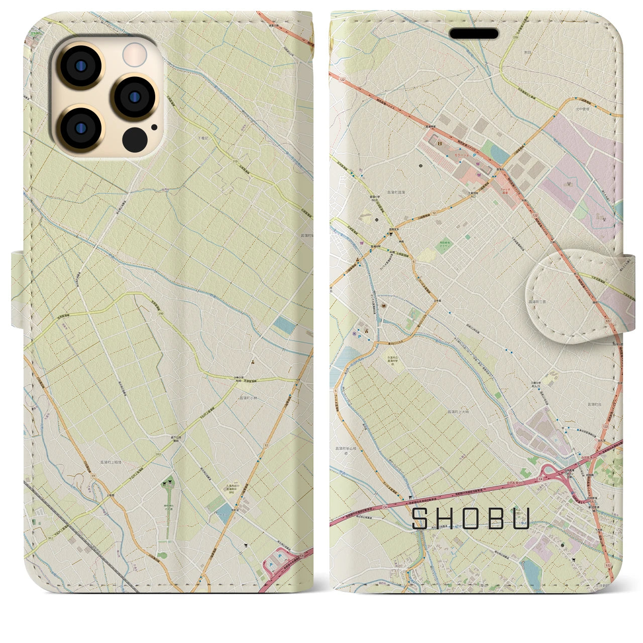 【菖蒲(埼玉県)】地図柄iPhoneケース(手帳タイプ)ナチュラル・iPhone 12 Pro Max 用