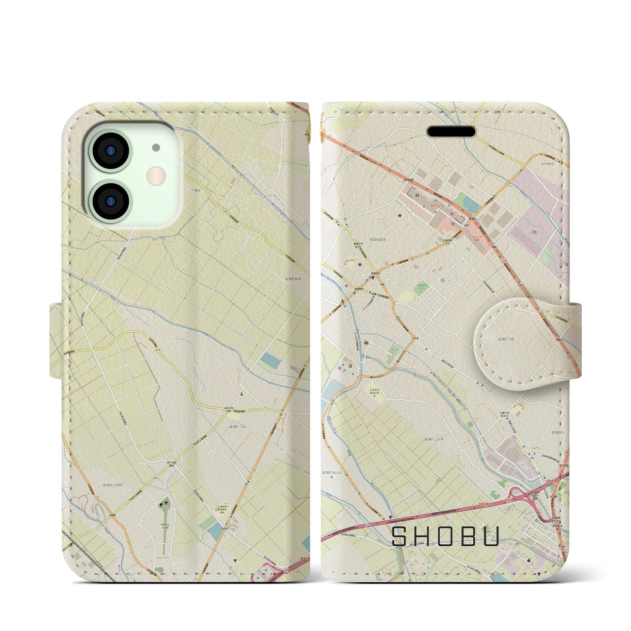 【菖蒲(埼玉県)】地図柄iPhoneケース(手帳タイプ)ナチュラル・iPhone 12 mini 用