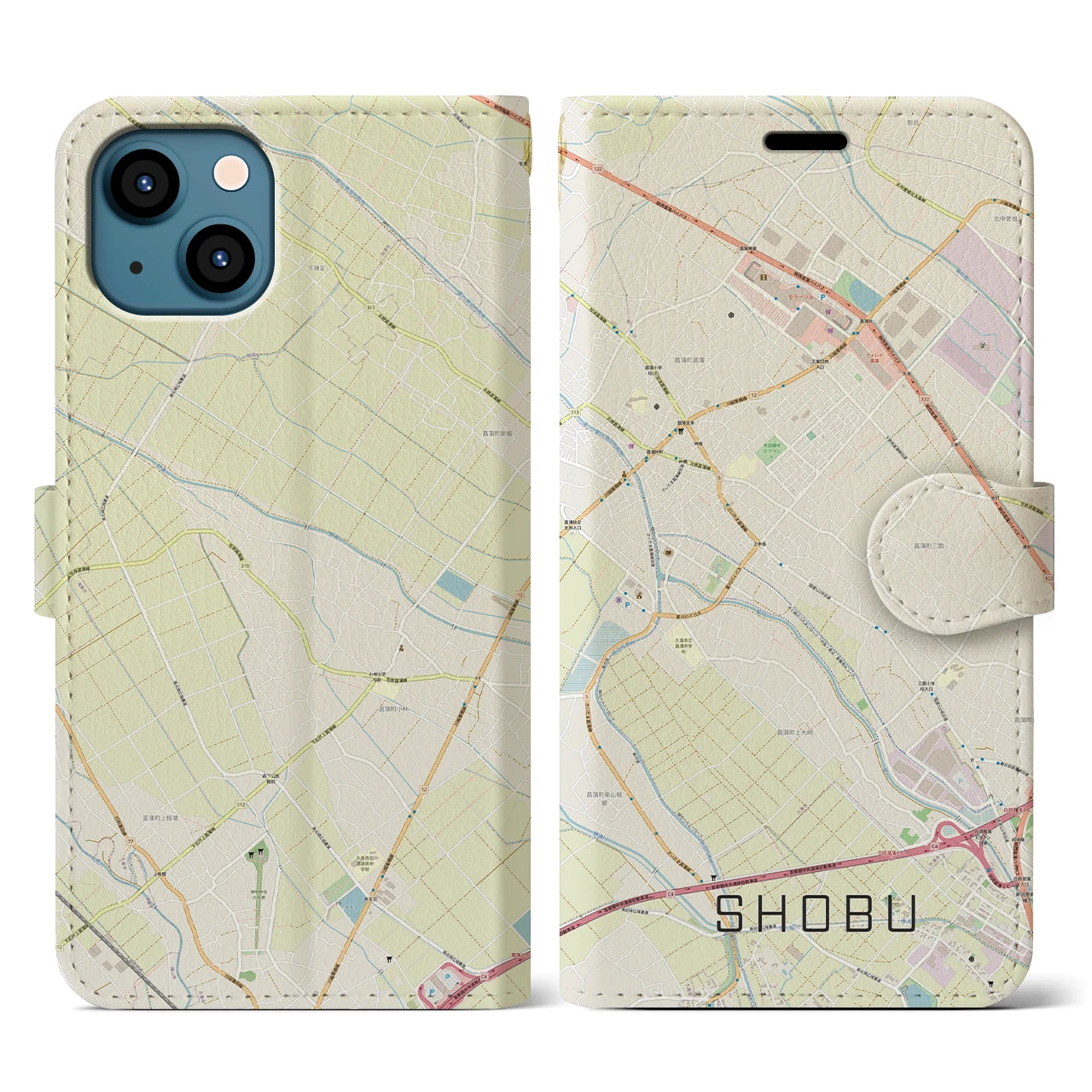 【菖蒲(埼玉県)】地図柄iPhoneケース(手帳タイプ)ナチュラル・iPhone 13 用