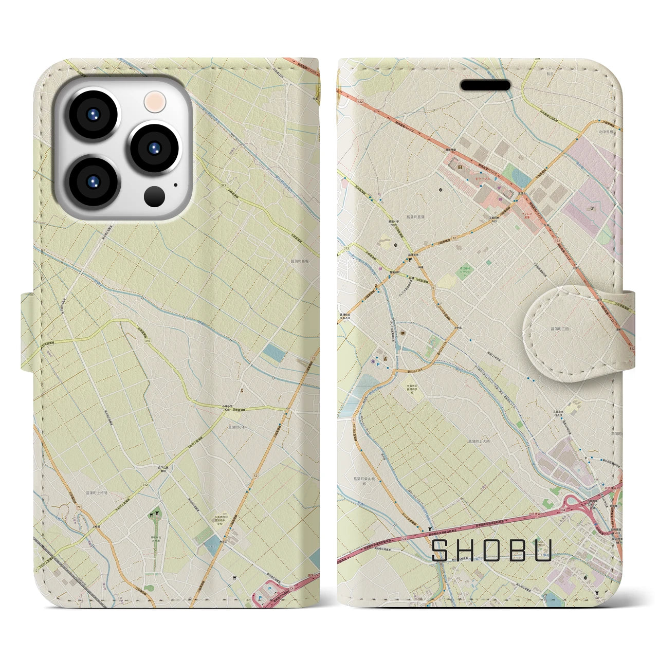 【菖蒲(埼玉県)】地図柄iPhoneケース(手帳タイプ)ナチュラル・iPhone 13 Pro 用